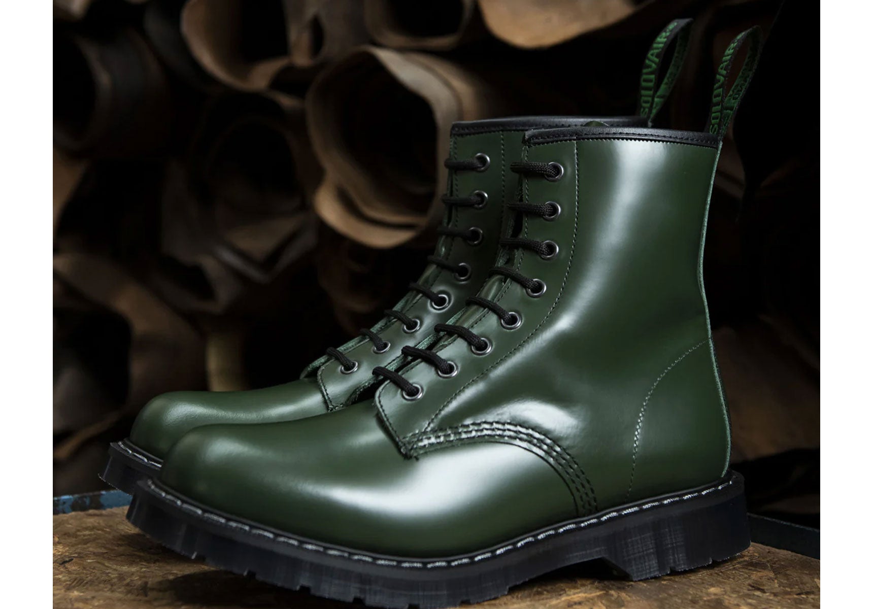 Unisex-Solovair-8-Eye-Derby-Boot-Shoes-S8-551-GN-Green-Hi-Shine-3